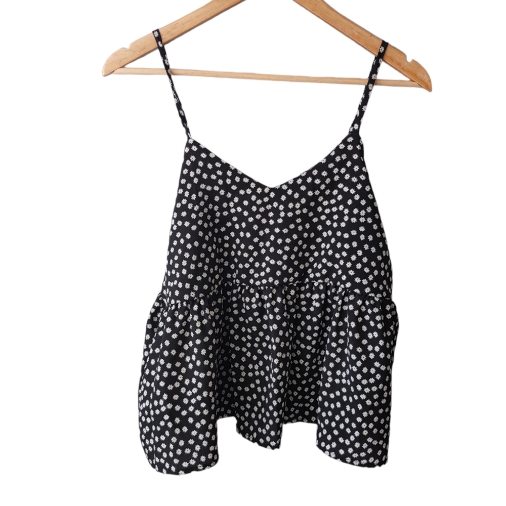Shein Black with White Daisy Floral print Tank Top Size Medium